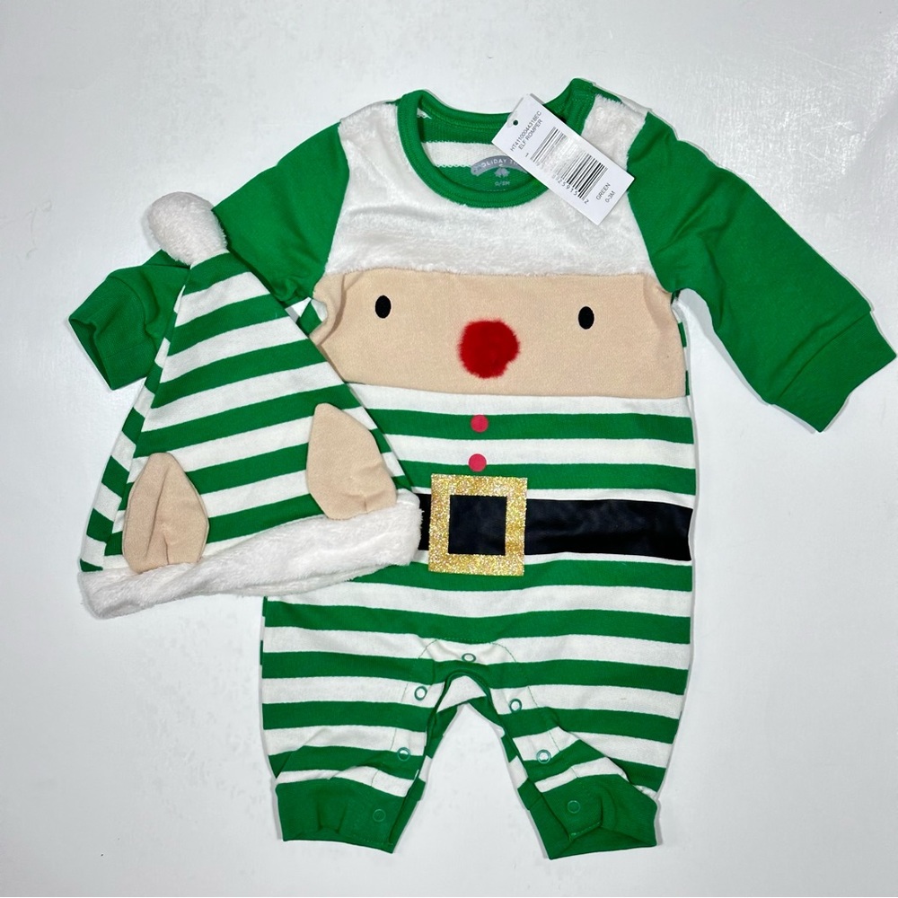 Holiday Time Infants Elf Romper & Hat Size White Striped Outfit - Pls Bundle!!